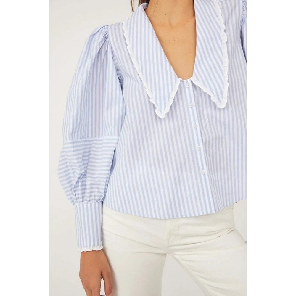 Free People Happy Days Pullover Blouse Striped Oversized Collar Blue Size S